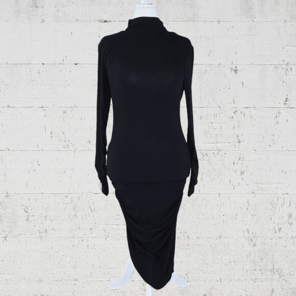Sanctuary Black Ruched Long Sleeve Contemporary Midi Bodycon Dress Size Medium - Picture 1 of 7